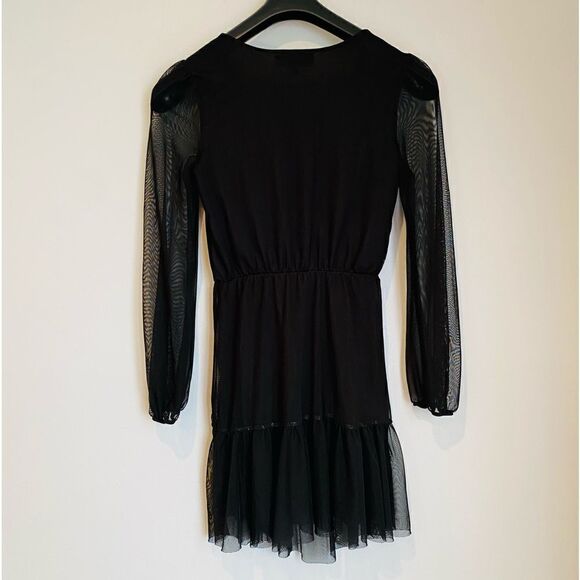 The Vanity Room Black Mesh Ruched Sheer Sleeve Dress Size Medium - Picture 3 of 5
